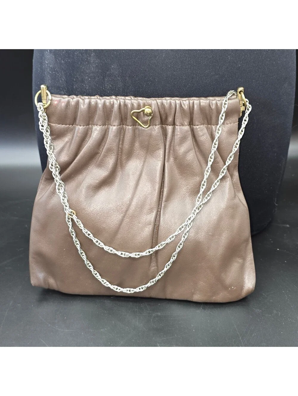 Vintage Ruched Chocolate Faux Leather Chain Pouch Bag